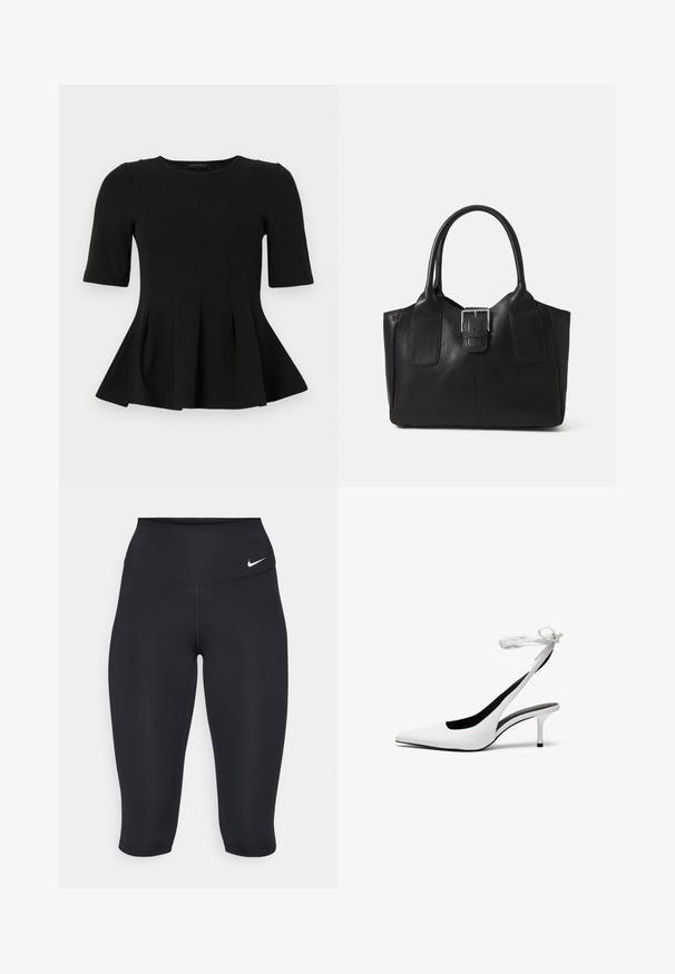 Top peplum nero a maniche corte con scollatura rotonda e dettagli di cucitura verticale, esposto su uno sfondo bianco.; I leggings capri neri Nike presentano una vita alta, un tessuto elasticizzato e liscio e un dettaglio del logo discreto sul davanti.; Tacchi slingback bianchi a punta con cinturino sottile alla caviglia. Materiale in pelle liscia, tacco stiletto sottile e rivestimento interno nero.; Borsa tote in pelle nera con texture liscia, forma strutturata, due manici e un evidente dettaglio in fibbia argentata sul davanti.