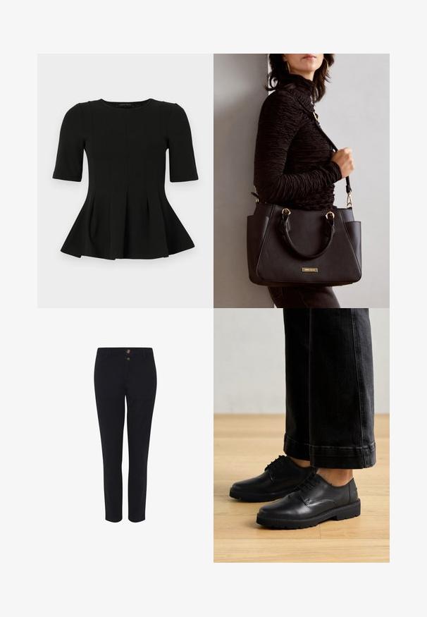 Črna kratkotrajna peplum majica s okroglim izrezom in navpičnimi šivi, prikazana na beli podlagi.; Črne krojene hlače iz mešanice bombaža, z dvema sprednjima gumboma, ravnim krojem in gladko teksturo. Brez vidnih vzorcev.; Črne usnjene čipkaste čevlje z gladko teksturo, zaobljenim nosom in debelim gumijastim podplatom, v kombinaciji z skrajšanimi temnimi džinsami.; Črna torbica z teksturirano površino, z dvema zgornjima ročajema in nastavljivim ramenskim pasom. Ima zlatovrateče dodatke in stranske žepe.