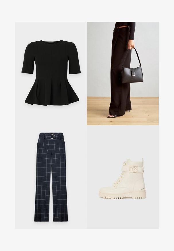 Svart kortermet peplum topp med rund hals og vertikale sømdetaljer, vist på en hvit bakgrunn.; Marineblå rutete bukser med vid benstil, som har et belte med en rund metallspenne og hvite rutenettlinjer på et jevnt stoff.; Hvite ankelstøvler med blomsterpreget design, snøring, sidebelte med gulllogo og en robust såle for godt feste.; Svart håndveske med strukturert form, jevn tekstur og metallisk lås. Kombinert med brede svarte bukser og sandaler med åpen tå på tregulv.