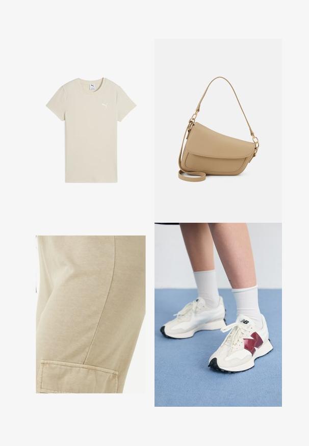 Beige T-shirt met korte mouwen van ribbelstof. Heeft een ronde hals en een klein wit Puma-logo op de linkerkant van de borst.; Rip Curl BLOCK PARTY - Cargobroek - natural; Een paar witte sneakers met bordeauxrode accenten, getextureerde panelen, een platte zwarte buitenzool en lichte veters, gedragen met witte enkelsokken.; Even&Odd Handtas - beige