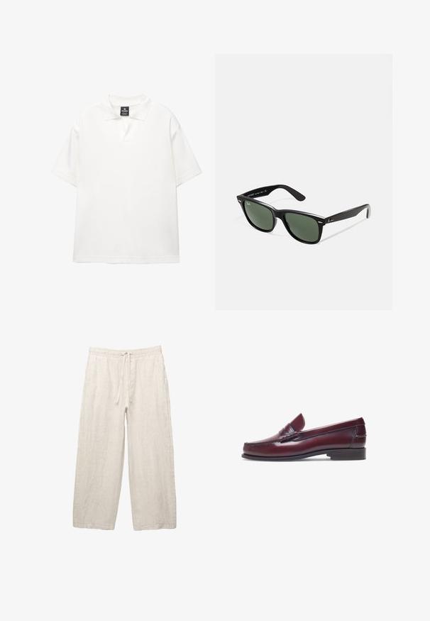 Weiße kurzärmlige Poloshirt aus glattem Stoff mit klassischem Kragen, halbknöpfbarer Knopfleiste und lässiger Passform.; Leinenhosen in hellbeige, mit einem elastischen Bund und Zugkordel, weitem Beinansatz und seitlichen Taschen. Glatte Textur.; Burgunderfarbene Lederloafer mit abgerundeter Zehenform, gestickten Details und einem kleinen dekorativen Akzent auf dem Blatt. Flache, kontrastierende Sohle.; Schwarze Plastiksonnenbrille mit grünen Gläsern, quadratischen Rahmen, silbernem Akzent auf der Augenbraue und strukturierten Bügeln. Angegebene Marke auf dem inneren Bügel.