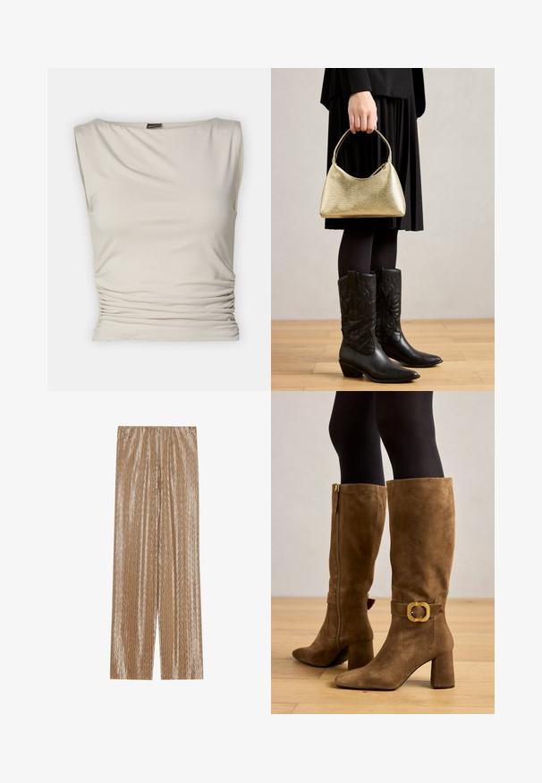 Gina Tricot SOFT TOUCH BOATNECK TOP - Top - pumice stone; Calças plissadas castanhas claras feitas de tecido brilhante, com um padrão em ziguezague texturizado e um cós elástico para maior conforto.; Botas de camurça castanhas até ao joelho com uma fivela dourada quadrada, salto robusto e ponta afilada, apresentando um fecho lateral para fácil calçagem.; Bolsa de mão texturizada em dourado com uma forma curva e alça curta, segurada por uma pessoa que usa uma saia plissada preta e botas de cowboy pretas em couro.; Três ganchos de cabelo: um em mármore preto e branco, dois em padrão tartaruga nas tonalidades castanha e preta, todos feitos de plástico brilhante com um acabamento texturizado.