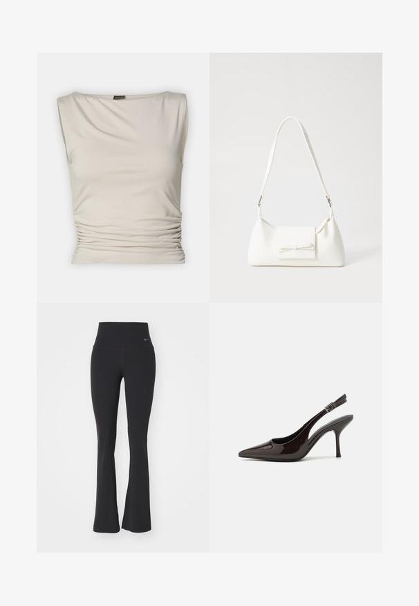 Gina Tricot - Top; Czarne legginsy do jogi z wysokim stanem, wykonane z elastycznej tkaniny. Posiadają rozszerzający się krój oraz małe logo Nike na talii.; Sandały na obcasie typu slingback z błyszczącej ciemno-brązowej lakierowanej skóry, w szpic, z otwartymi bokami i regulowanym paskiem wokół kostki.; Biała syntetyczna torba o trójkątnym kształcie, płaskim przednim klapce i detalach w postaci kokardy, regulowanym pasku, gładkiej fakturze oraz minimalistycznym designie.