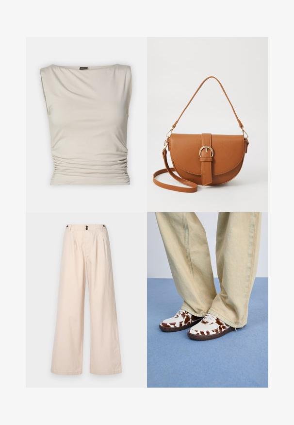 Gina Tricot SOFT TOUCH BOATNECK TOP - Top - pumice stone; Calças largas bege feitas de algodão, com cintura alta, dois pregas frontais e dois botões castanhos na cintura.; Ténis com padrão branco e castanho, feitos de malha e couro, com solas de borracha castanha. Combinados com calças largas em bege claro.; Bolsa transversal de couro castanho com um formato curvado, ferragens douradas e um detalhe de fivela. Inclui uma alça de ombro destacável.