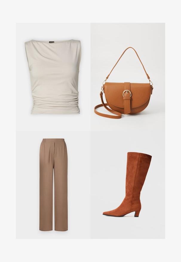 Gina Tricot SOFT TOUCH BOATNECK TOP - Felső - pumice stone; Barna, bő szárú nadrág elasztikus derékkal, puha anyagból készült. Lazán illeszkedő és egyenes szegéllyel rendelkezik a kényelem érdekében.; Barna velúr, térd fölé érő csizma, hegyes orral és kis kocka sarkával, sima textúrával és minimalista dizájnnal.; Barna bőr keresztbody táska ívelt formával, aranyszínű fémrészekkel és csat díszítéssel. Levehető vállpánttal rendelkezik.