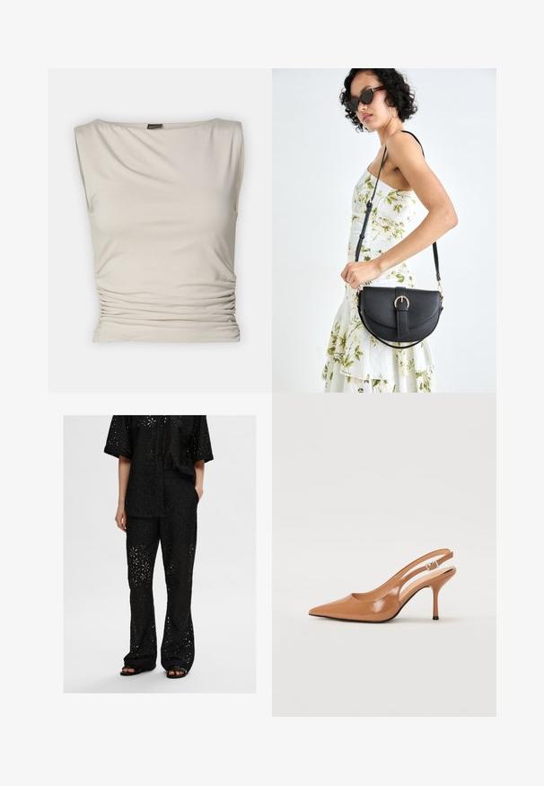 Gina Tricot SOFT TOUCH BOATNECK TOP - Top - pumice stone; O ținută neagră în două piese, compusă dintr-o cămașă lejeră cu nasturi și pantaloni, ambele confecționate dintr-un material perforat cu modele florale și având un croi relaxat.; Pantofii cu toc slingback, cu vârful ascuțit, dintr-un material tan neted și strălucitor. Prezintă un design cu decupaj curbat și un toc subțire stil stiletto. Detaliu cu cataramă argintie.; Geantă din piele neagră, cu o formă curbată, curea detașabilă și accesorii aurii. Geanta are un capac cu un detaliu tip cataramă.