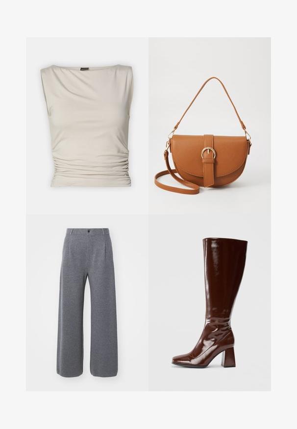 Gina Tricot SOFT TOUCH BOATNECK TOP - Topper - pumice stone; GAP CASHSOFT TAILORED PANT - Bukse - charcoal heather; Knelange brune lakk lær støvler med firkantet tå, blank overflate og en klumpete hæl for stabilitet. Sømløst design uten synlige detaljer.; Brun lærcrossbody-veske med en buet form, gullhardware og et spenneakcent. Har en avtakbar skulderreim.