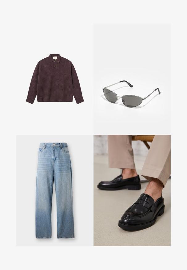 Mørk lilla strikket polo skjorte med et strukturert bikubemønster, med krage, tre-knapp placket og brodert merkevare på kragen.; Lyseblå denim jeans med rett passform, høy midje og en falmet overflate. Har frontlommer og knappestolpe.; Svarte skinnloafers med glatt overflate, med en dekorativ stropp og kontrastbroderi, sammen med beige bukser.; Solbriller med en slank, sølvmetallisk ramme, gråtonede linser og et aerodynamisk design med spisse kanter og tynne armer.