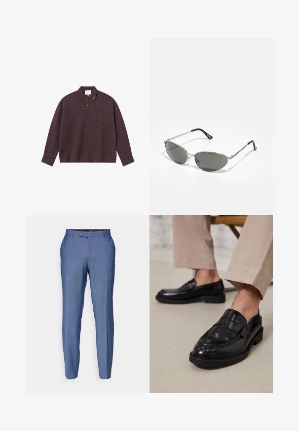 Tamsiai violetinė megzta polo marškinėliai su tekstūrine koralų raštu, turinčiais apykaklę, tris mygtukus užsegimui ir siuvinėtą logotipą apykaklėje.; Šviesiai mėlyni pritaikyti kelnių su tekstūruotu audiniu. Yra plokščia priekinė dalis, siauros kojos ir užtrauktukas su segtuku.; Juodi odiniai loaferiai su lygia apdaila, su dekoratyvine juosta ir kontrastinėmis siūlėmis, derinami su bežinėmis kelnėmis.; Akiniai nuo saulės su elegantišku sidabro metaliniu rėmu, pilkai tonuotais objektyvais ir aerodinaminiu dizainu, turinčiu smailius kampus ir plonus šonus.