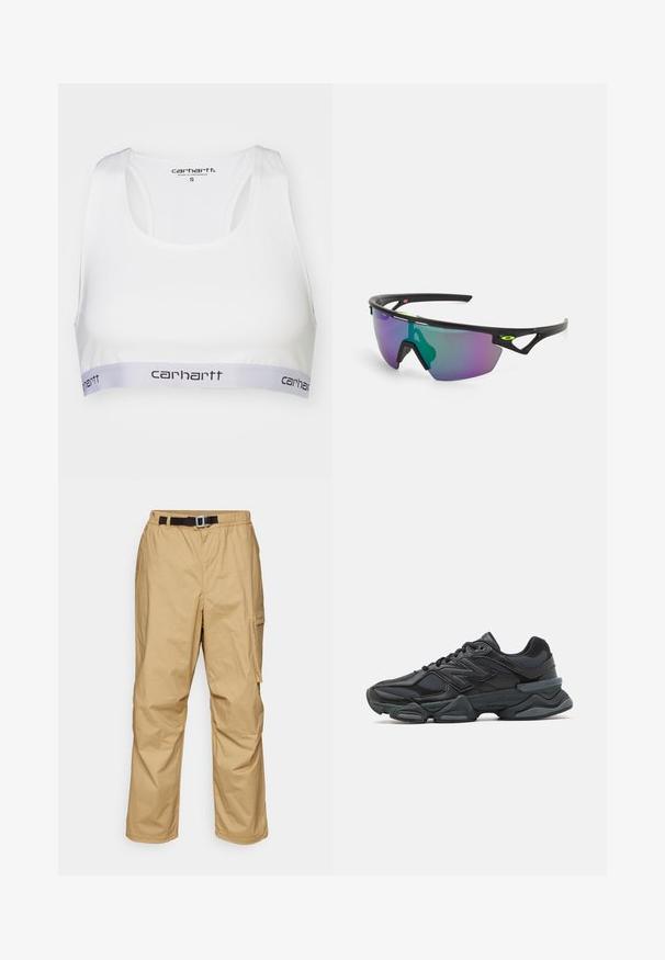 White sporty bra with a smooth fabric, racerback design, and a grey elastic band featuring the Carhartt logo in black. Size small.; Khaki cargo pants made of lightweight fabric, featuring a relaxed fit, adjustable black belt, and side pockets for utility.; Black running shoe featuring a mix of mesh and synthetic materials, chunky sole, curved design, and prominent branding on the side.; Sport sunglasses with a black frame, large gradient lens featuring purple and green hues, and angular design accents with logo detail.