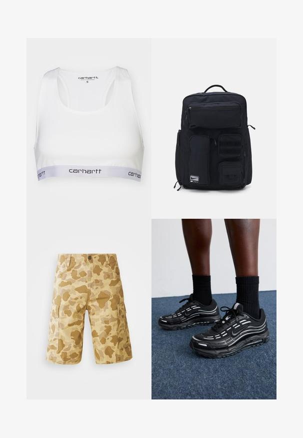 Hvit sport-bh med glatt stoff, racerback-design og et grått elastisk bånd med Carhartt-logoen i svart. Størrelse liten.; Beige cargo shorts med camouflasjemønster i nyanser av brunt, med sidelommer, en belteåpning med knapper, og vertikal ribbe-tektur.; Sorte Nike-sko har en mesh-overdel med aksentstriper, teksturert snøring og en svart gummisåle. Brukt med svarte ribbede sokker.; Svart ryggsekk laget av slitesterkt stoff. Har flere glidelåslommer, inkludert et frontrom, og områdene med borrelås for feste.