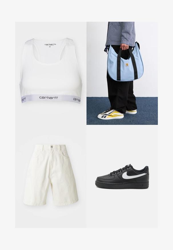Soutien-gorge sportif blanc en tissu lisse, avec un dos nageur et une bande élastique grise arborant le logo Carhartt en noir. Taille petite.; Shorts en denim blanc avec une coupe décontractée, dotés d'une taille, de cinq poches et de jambes droites. Le tissu a une légère texture.; Baskets Nike Air Force 1 noires avec une tige en cuir lisse, accent de logo blanc, bout perforé et semelle en caoutchouc texturé.; Sac hobo bleu clair avec des poignées noires, comportant un petit patch logo jaune et blanc. Texture lisse, forme arrondie et design spacieux.