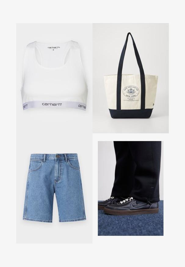 Balta sportinė liemenėlė su lygiu audiniu, lenkta nugara ir pilka elastinga juosta su juodu Carhartt logotipu. Dydis - mažas.; Šviesiai mėlynos džinsinės šortai su tiesiu kirpimu, penkių kišenių dizainu ir matomu siuvimu. Sagtis juosmens srityje.; Nike Sportswear KILLSHOT 2 LTR PRM OPP2 - Sportbačiai - black sail baroque brown mtlc dk grey; Drobė, pintinė su mėlynais rankenėlėmis ir dugnu. Pasižymi apvaliu logotipu su "New Era Cap Co" ir tekstu. Šviesiai ruda kūno spalva, tvirta konstrukcija.