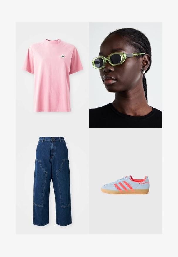 T-shirt de algodão rosa com decote redondo e mangas curtas. Apresenta um pequeno patch de logótipo em forma de quadrado na área do peito esquerdo. Textura suave.; Jeans de lavagem escura, de perna larga e cintura alta, com grandes bolsos frontais e costura em contraste. O tecido tem uma ligeira textura.; Sapatilha de camurça azul clara com três riscas rosas, sola de borracha e detalhes cosidos. Apresenta um colarinho almofadado e elementos de design retro.; Óculos de sol com tonalidade verde, com uma armação retangular fina e lentes escuras; hastes texturizadas em cinza com branding. Pele lisa e uma camisa preta.