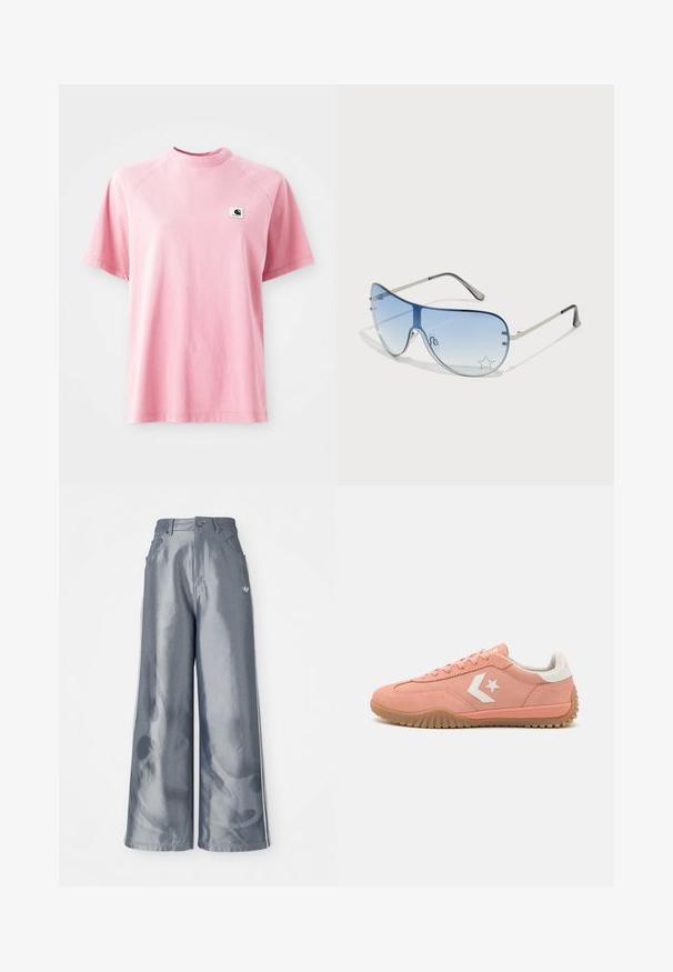 T-shirt en coton rose avec un col rond et des manches courtes. Présente un petit patch logo carré sur la zone gauche de la poitrine. Texturé lisse.; Pantalons à jambes larges en matériau gris brillant, présentant des bandes latérales blanches et un motif de flammes sur les jambes inférieures. Fermeture à bouton et à zip à la taille.; Baskets en suède rose avec des accents blancs, design à lacets, semelle en gomme texturée et logo d'étoile sur le côté. Profil bas et léger.; Lunettes de soleil aviateur avec des verres dégradés bleus, une monture en métal argenté et des accents décoratifs en forme d'étoile sur les verres. Design lisse et élégant.