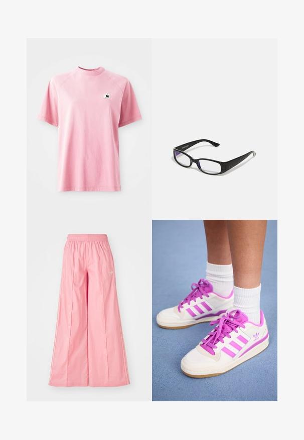 T-shirt de algodão rosa com decote redondo e mangas curtas. Apresenta um pequeno patch de logótipo em forma de quadrado na área do peito esquerdo. Textura suave.; Calças largas rosas feitas de tecido leve, com um cós elástico e riscas brancas discretas dos lados. Pequeno logotipo na frente.; Ténis brancos com detalhes e atacadores cor-de-rosa, apresentando três riscas horizontais cor-de-rosa e uma sola em borracha. Meias de algodão são visíveis acima do tornozelo.; Óculos retangulares pretos com lentes transparentes. Acabamento brilhante, hastes estreitas e um tom roxo visível nas bordas das lentes.
