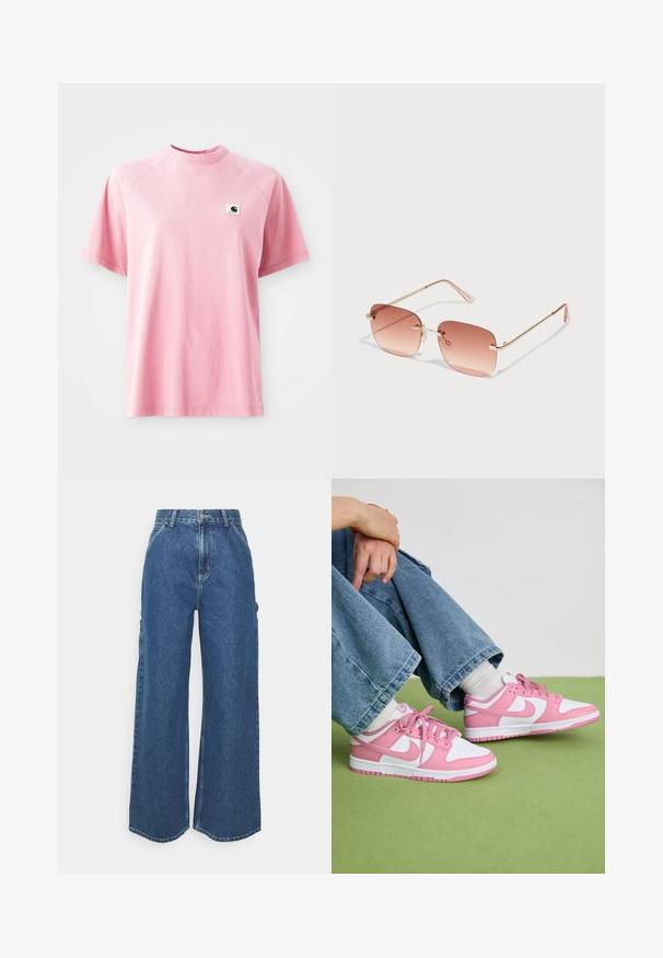 Pink bomulds t-shirt med rund hals og korte ærmer. Har en lille firkantet logo-patch på venstre brystområde. Glat tekstur.; Bredde ben blå denimbukser med høj talje, kontrastsyede sømme og sidelommer, med et klassisk fem-lomme design og rå kanter.; Rosa og hvide Nike sneakers lavet af læder og mesh-materialer, med kontrasterende designs, rund tå og matchende pink snørebånd og detaljer.; Rektangulære solbriller med gradient rosafarvede linser, guldmetalramme og pink stænger. Har små næsepuder og subtile hængsel detaljer.