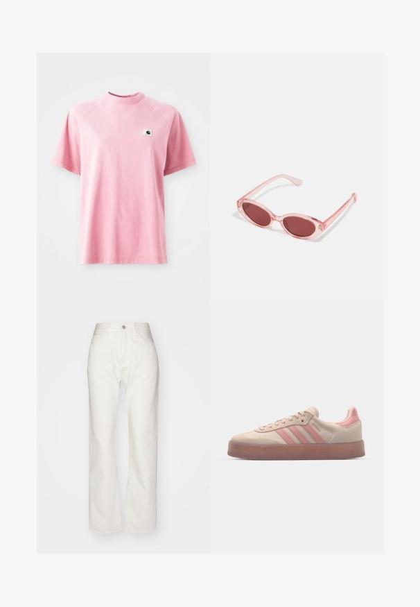 Tricou din bumbac roz cu guler rotund și mâneci scurte. Dispune de o mică etichetă logo pătrată pe partea stângă a pieptului. Textură netedă.; Pantaloni din denimul alb cu talie înaltă și croială largă. Prezintă un sistem de închidere cu nasture și fermoar, bucle pentru curea și detalii de cusătură subtile.; Adidași din suede bej cu accente roz deschis, talpă din cauciuc texturat și trei dungi roz pe lateral. Vârf rotunjit și design cu șireturi.; Ochelari de soare roz transparenți cu lentile ovale, nuanță roșie închisă și brațe subțiri, având un finisaj neted și detalii subtile pe cadru.