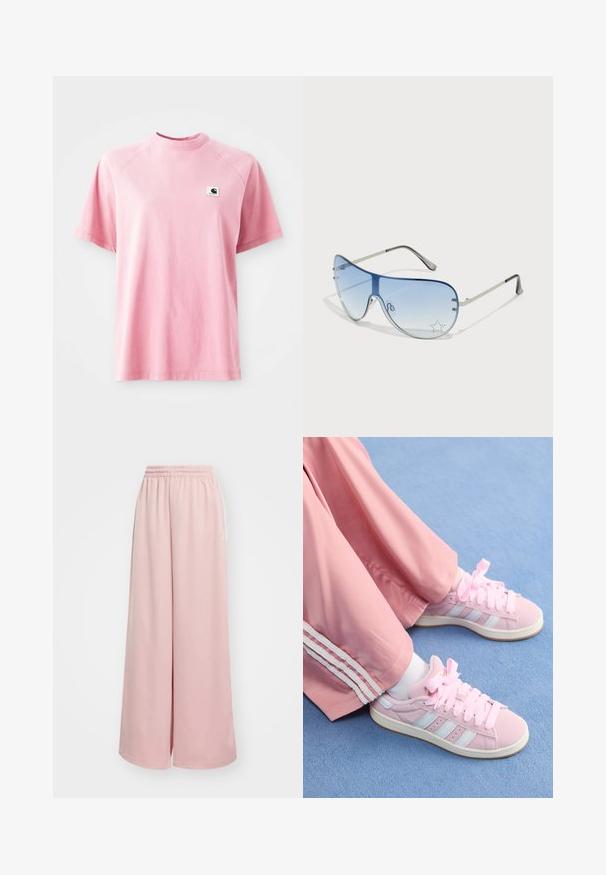 Roosa puuvillane T-särk ümmarguse kaelusega ja lühikeste varrukatega. Vasakul rinnal on väike ruudukujuline logoaplikatsioon. Sile tekstuur.; Heledad roosad laiad püksid elastse vöökohtaga. Sile kangas küljetaskutega ja diskreetne bränding vasakul jalal.; Roosad sportlikud kingad helesiniste triipudega, ümmargune varvas ja paks roosa pael, kombinatsioonis roosade treeningpükstega, millel on valged külgtriibud.; Aviatori prillid, millel on gradient sinine objektiiv, hõbedane metallraam ja dekoratiivsed staaraktsendid objektiivil. Sujuv ja stiilne disain.