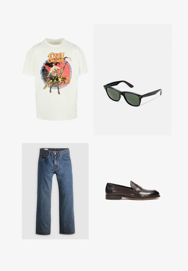 Valge puuvillane T-särk, millel on värviline graafiline print naisest ja olendist, mille all on tekst "Ozzy Osbourne" julgete ja stiilsete tähtedega.; Sinine teksariie sirge lõikega, viie taskuga, lukuga ja oranžide niididetailidega. Kangas omab klassikalist kulunud tekstuuri.; Tumedat pruuni nahast loaferid, millel on ümar varvas, kõrgendatud õmbluse detail ja kerge konts. Sile tekstuur ja klassikaline disain.; Mustad mustan plastiku prillid roheliste läätsedega, ruudukujulised raamid, hõbedane aksent kulmude peal ja tekstuuriga tempelkäed. Brändi nimi on märgitud sisevarrele.