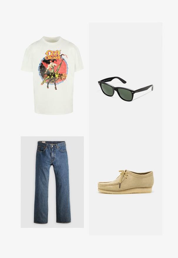 Biała bawełniana koszulka z kolorowym nadrukiem przedstawiającym kobietę i stwora, z napisem "Ozzy Osbourne" w pogrubionych, stylizowanych literach.; Niebieskie dżinsy o prostym kroju, z pięcioma kieszeniami, zamkiem błyskawicznym i pomarańczowymi detalami nici. Tkanina ma klasyczny, wyblakły wygląd.; Beżowe zamszowe buty z sznurowaniem, przeszyciami i gumową podeszwą. Kształt jest casualowy z lekkim obcasem na poziomie.; Czarne plastikowe okulary przeciwsłoneczne z zielonymi szkłami, kwadratowe oprawki, srebrny akcent na brwi oraz fakturowane ramiona temple. Nazwa marki podana na wewnętrznej stronie ramion.
