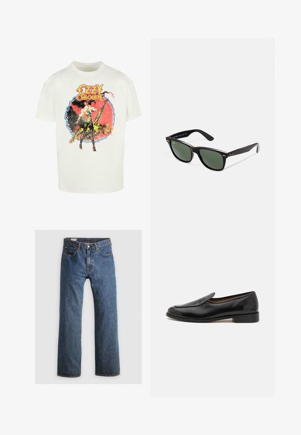 Valge puuvillane T-särk, millel on värviline graafiline print naisest ja olendist, mille all on tekst "Ozzy Osbourne" julgete ja stiilsete tähtedega.; Sinine teksariie sirge lõikega, viie taskuga, lukuga ja oranžide niididetailidega. Kangas omab klassikalist kulunud tekstuuri.; Musta nahkaste loafers, millel on sile viimistlus, ümar nina, madal konts ja küljelõiked mugavaks kandmiseks. Esiosas on peen logo detail.; Mustad mustan plastiku prillid roheliste läätsedega, ruudukujulised raamid, hõbedane aksent kulmude peal ja tekstuuriga tempelkäed. Brändi nimi on märgitud sisevarrele.