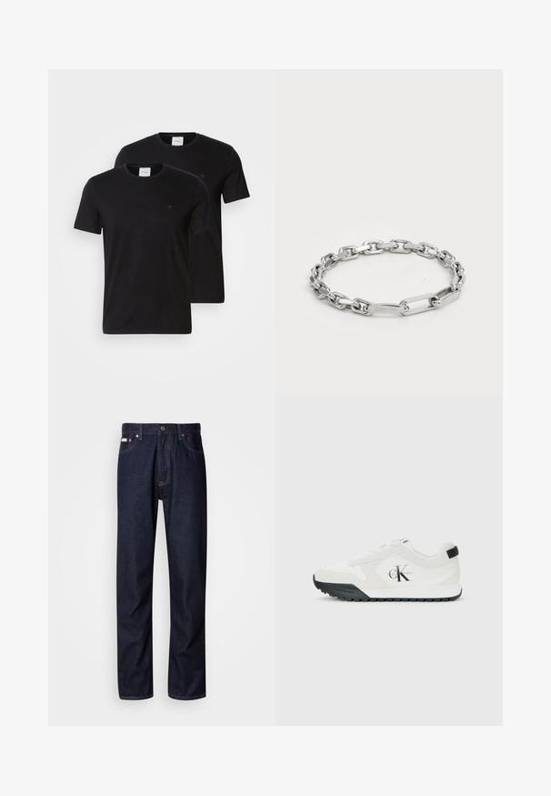 Black cotton t-shirts with crew necks and short sleeves. Features small logo on the chest. Supplied as a pack of two.; Dark blue denim jeans with a straight-leg design, featuring a button fly, five pockets, and contrasting stitching details.; Calvin Klein white sneaker with black sole, suede and mesh panels, CK logo on side, and Calvin Klein branding on heel and sole.; Silver chain bracelet featuring oval and rectangular links with a smooth texture. Engraved Calvin Klein logo on a flat link.