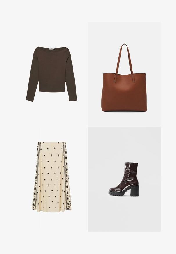 Brun langærmet top med bred, skulderfri halsudskæring og figursyet design. Fremstillet af blødt, elastisk stof.; Cremefarvet nederdel med små sorte palmetræer, prydet med intrikate sorte kantmønstre langs siderne, fremstillet af letvægtigt stof.; Glatte burgunder ankelstøvler med en chunky sort hæl, der har en glat tekstur og et simpelt design. Ingen synlige lukninger eller mønstre.; Brun læder tote taske med en glat overflade, åben topdesign og to skulderremme. Har minimal syning og ingen synlig hardware.