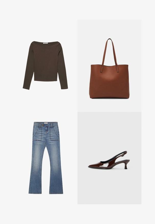 Bluză maro cu mâneci lungi, cu un decolteu larg, pe umeri, și un design strâmt. Confecționată dintr-un material moale și elastic.; Even&Odd Blugi evazați - blue denim; Pantofii slingback din piele patent maro, cu vârful ascuțit și un toc moderat. Prezintă o curea cu prindere pentru o potrivire sigură. Textură netedă.; Geantă de umăr din piele maro cu o textură netedă, design cu vârf deschis și două curele pentru umăr. Prezintă cusături minime și fără componente metalice vizibile.