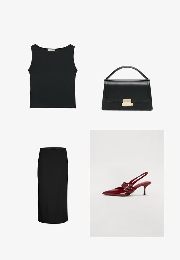 Čierny bezrukávový top vyrobený z hladkej tkaniny, s okrúhlym výstrihom a priliehavým strihom bez viditeľných vzorov alebo ozdôb.; Čierna ceruzková sukňa vyrobená z hladkej látky, s priliehavým strihom, dĺžkou po kolená a asymetrickým švom na jednej strane.; Červené lakované kožené sandále na podpätku s jemne špičatou špičkou, dvoma prackovými remienkami a štíhlym, stredne vysokým ihlovým podpätkom. Hladký povrch.; Čierna kožená kabelka so štruktúrovaným prevedením, horným madlom a detailom zlatého kovového uzáveru na prednej strane. Hladká textura, minimálne šitie.