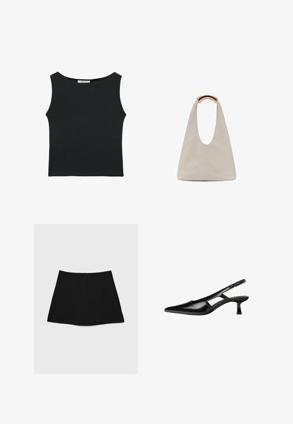 Černý top bez rukávů vyrobený z hladké látky, s kulatým výstřihem a přiléhavým střihem bez viditelných vzorů nebo ozdob.; Černá minisukně s hladkým povrchem, áčkovým střihem a zakulaceným lemem. Obsahuje zadní zip pro zapínání, bez dalších vzorů nebo akcentů.; Černé lakované lodičky na podpatku se špičatou špičkou, výřezovým designem na boku a malým čtvercovým podpatkem. Hladká textura s minimálními akcenty.; Světlá šedá kožená taška s U-tvarovaným designem a zakřivenou kovovou rukojetí. Hladký povrch s minimálním šitím a bez viditelných vzorů.