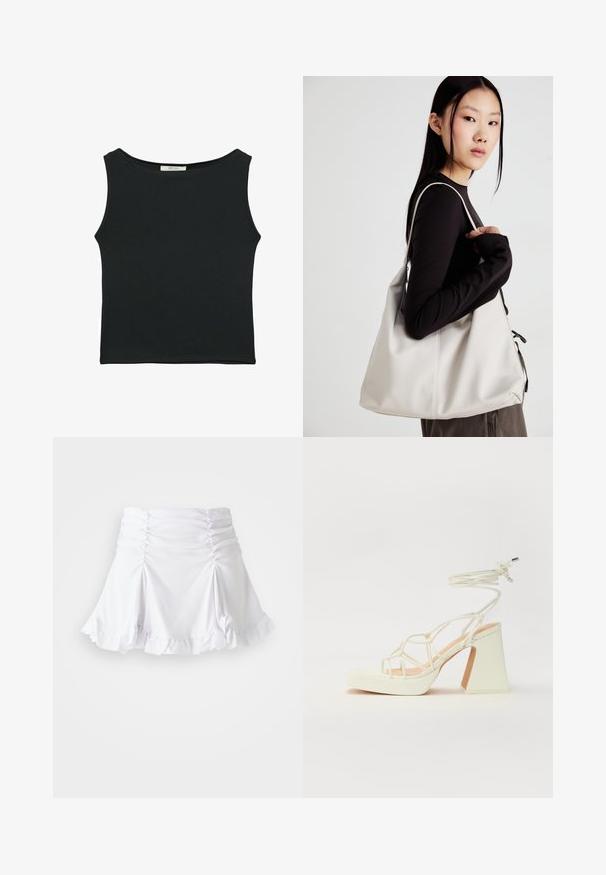 Černý top bez rukávů vyrobený z hladké látky, s kulatým výstřihem a přiléhavým střihem bez viditelných vzorů nebo ozdob.; Bílá sukně vyrobená z texturované látky s nařasenými detaily a volánkovým lemem. Má rozšířený střih s obepnutým pasem.; Bílé sandály na vysokém podpatku s robustním podpatkem, s designem s pásky a zavazováním kolem kotníku. Hladký povrch s platformou vpředu pro zvýšení výšky.; Beige kabelka vyrobená z měkkého materiálu, s volným designem, prošívanými detaily a dvěma ramenními popruhy. Vhodná pro každodenní použití.