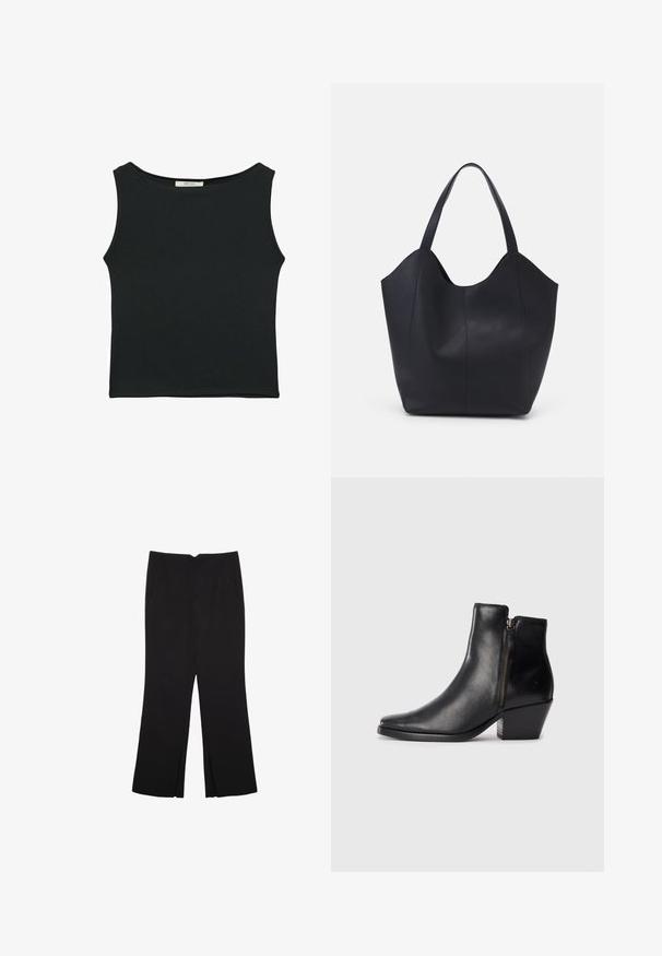 Top senza maniche nero realizzato in tessuto morbido, caratterizzato da un collo arrotondato e un design aderente senza motivi visibili o decorazioni.; Pantaloni neri a gamba dritta, con tasche frontali e spacchi laterali all'orlo. Realizzati in tessuto morbido e liscio. Adatti a diverse occasioni.; Stivale alla caviglia in pelle nera con punta affilata, zip laterale e tacco spesso. Texture liscia e design minimalista.; Borsa tote nera realizzata in pelle liscia, con una parte superiore curva e aperta, dotata di due manici per spalla e un design minimalista.