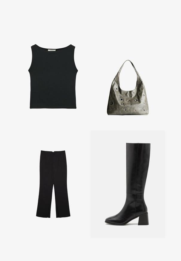 Čierny bezrukávový top vyrobený z hladkej tkaniny, s okrúhlym výstrihom a priliehavým strihom bez viditeľných vzorov alebo ozdôb.; Čierne nohavice so strihom rovného strihu, s prednými vreckami a bočnými rozparkami na leme. Vyrobené z mäkkej, hladkej tkaniny. Vhodné na rôzne príležitosti.; ONLY SHOES ONLBIJOU KNEE HIGH BOOT - Čižmy - black; Olive zelená kožená kabelka so spadnutým dizajnom, obsahujúca rôzne veľkosti kruhových výrezov a akcenty v tmavších a svetlejších odtieňoch.