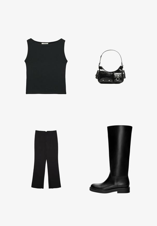 Schwarzes ärmelloses Oberteil aus glattem Stoff, mit einem runden Ausschnitt und einer figurbetonten Passform, ohne sichtbare Muster oder Verzierungen.; Schwarze Hose mit geradem Schnitt, ausgestattet mit Fronttaschen und Seitenschlitzen am Saum. Hergestellt aus weichem, glattem Stoff. Geeignet für verschiedene Anlässe.; Schwarze Leder-Kniefallstiefel mit glatter Textur, abgerundetem Zeh, schlichter Gestaltung und niedrigem Blockabsatz. Keine sichtbare Hardware oder Muster.; Schwarze Lackleder-Handtasche mit geschwungenem Design, einem Schulterriemen, Vordertaschen und silberfarbenen Hardware-Akzenten.