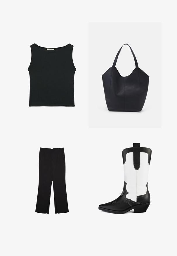 Črn brezrokavnik iz gladkega materiala, z okroglim izrezom in prilegajočim krojem, brez vidnih vzorcev ali okrasnih elementov.; Črne hlače ravnega kroja z naglavnimi žepi in stranskimi razporki na robu. Narejene iz mehke, gladke tkanine. Primerne za različne priložnosti.; Črne in bele kavbojske škornje iz sintetične usnje, z izvotljenim prstom, valovitim dizajnom in nizkim blokastim peto. Opazna podrobnost šivov.; Črna torba v obliki tote iz gladke usnjene površine, ki ima ukrivljen odprt vrh z dvema naramnicama in minimalističnim dizajnom.