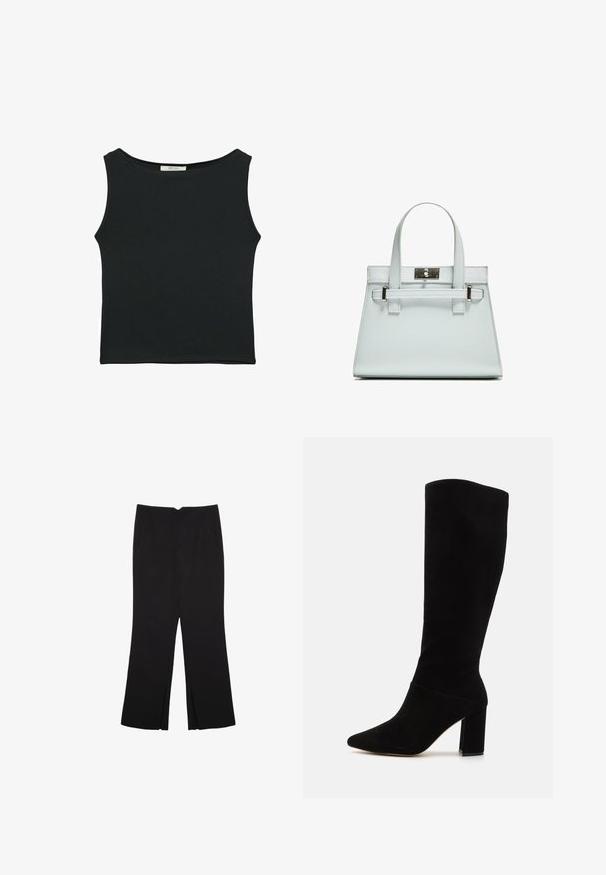 Črn brezrokavnik iz gladkega materiala, z okroglim izrezom in prilegajočim krojem, brez vidnih vzorcev ali okrasnih elementov.; Črne hlače ravnega kroja z naglavnimi žepi in stranskimi razporki na robu. Narejene iz mehke, gladke tkanine. Primerne za različne priložnosti.; Črne škornje do kolen iz semiša, z ostrim nosom, blok peto in gladko teksturo brez vidnih vzorcev ali dodatkov.; Svetlo modra torbica z oblikovano zasnovo, dvema ročkama in kljuko iz srebrno-toniranega materiala. Teksturni material in ostri koti.