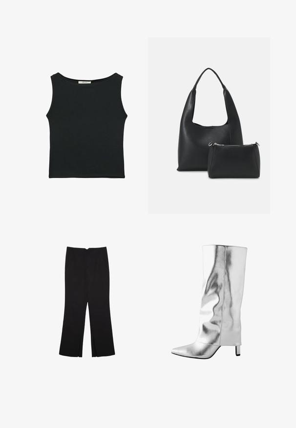 Černý top bez rukávů vyrobený z hladké látky, s kulatým výstřihem a přiléhavým střihem bez viditelných vzorů nebo ozdob.; Černé kalhoty s rovným střihem, s předními kapsami a bočními rozparky na lemu. Vyrobené z jemné, hladké tkaniny. Vhodné na různé příležitosti.; Stříbrné kožené vysoké boty po kolena s špičatou špičkou, hladkým povrchem a elegantním designem. Obsahují malý blokový podpatek a prošívané detaily.; Even&Odd Kabelka - black