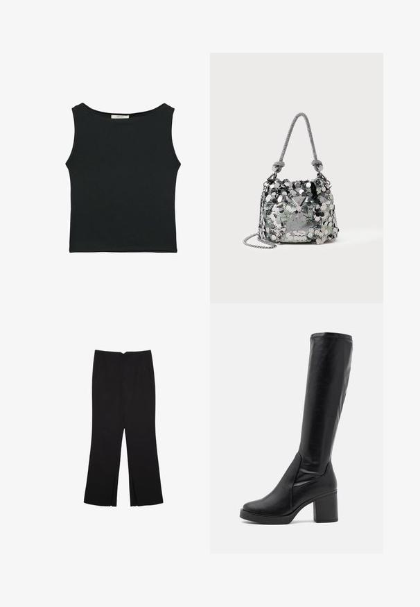 Črn brezrokavnik iz gladkega materiala, z okroglim izrezom in prilegajočim krojem, brez vidnih vzorcev ali okrasnih elementov.; Črne hlače ravnega kroja z naglavnimi žepi in stranskimi razporki na robu. Narejene iz mehke, gladke tkanine. Primerne za različne priložnosti.; Črne škornje do kolen iz gladkega usnja s širokim peto in zaobljenim nosom. Imajo brezšivno zasnovo in diskretne šive.; Majhna srebrna torbica, prekrita z velikimi bleščicami, z vozlastim ročajem in verižnim pasom, na sprednji strani pa z logotipom blagovne znamke Guess.