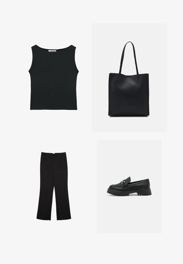 Black sleeveless top made of smooth fabric, featuring a rounded neckline and a fitted design with no visible patterns or embellishments.; Black trousers with a straight fit, featuring front pockets and side slits at the hem. Made of soft, smooth fabric. Suitable for various occasions.; Black leather loafers with a rounded toe, featuring a buckle accent and a chunky, treaded sole. Smooth texture with minimal stitching details.; Black leather tote bag with smooth texture, rectangular shape, and two long handles. No visible hardware or embellishments.