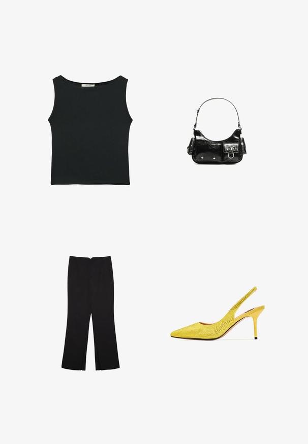 Top sans manches noir en tissu lisse, avec un col rond et une coupe ajustée, sans motifs ni ornements apparents.; Pantalon noir avec une coupe droite, doté de poches avant et d'éclairs sur l'ourlet. Fabriqué en tissu doux et lisse. Convient à diverses occasions.; Escarpins jaunes à talon aiguille à bride arrière, ornés de fins rhinestones. Dotés d'un talon élancé et d'une doublure intérieure douce.; Sac à main en cuir verni noir avec une forme incurvée, une bandoulière, des poches avant et des accents en métal argenté.
