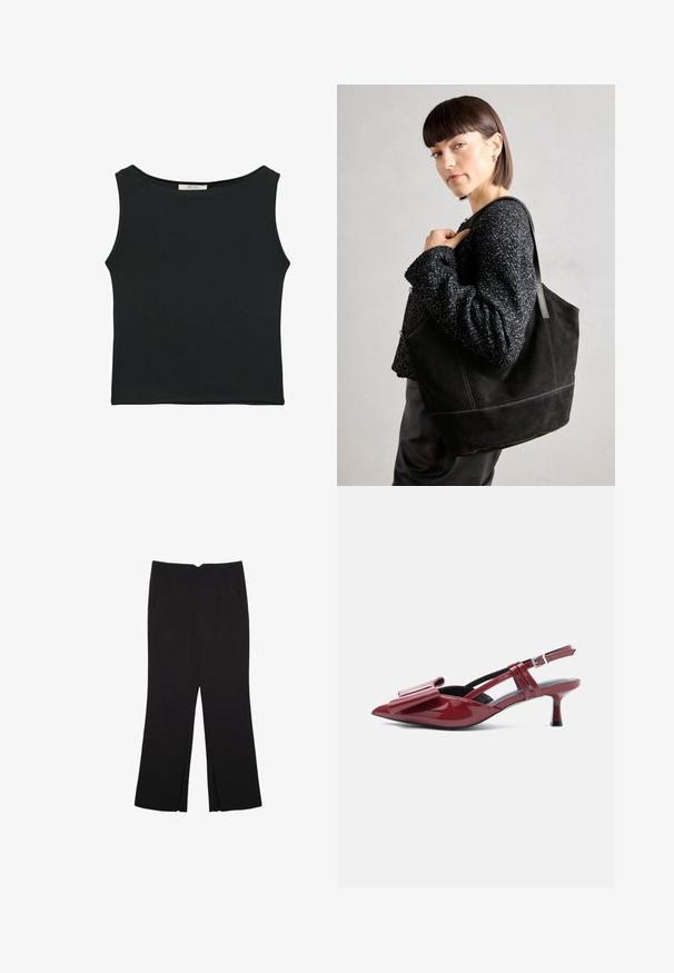 Črn brezrokavnik iz gladkega materiala, z okroglim izrezom in prilegajočim krojem, brez vidnih vzorcev ali okrasnih elementov.; Črne hlače ravnega kroja z naglavnimi žepi in stranskimi razporki na robu. Narejene iz mehke, gladke tkanine. Primerne za različne priložnosti.; Rdeča patentna usnjena slingback čevlja s kitten peto in ostrim nosom ter velikim metuljčkom na zgornjem delu proti beli ozadju.; Črna semiš torbica z gladko teksturo, strukturirano obliko in kontrastnim šivanjem. Ima dolge naramnice za nošenje na rami.