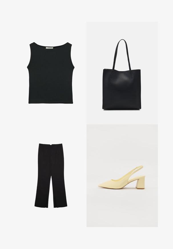 Black sleeveless top made of smooth fabric, featuring a rounded neckline and a fitted design with no visible patterns or embellishments.; Black trousers with a straight fit, featuring front pockets and side slits at the hem. Made of soft, smooth fabric. Suitable for various occasions.; Beige pointed-toe slingback pump with a block heel, smooth finish, and elastic strap detail against a plain background.; Black leather tote bag with smooth texture, rectangular shape, and two long handles. No visible hardware or embellishments.
