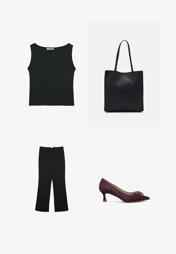 Schwarzes ärmelloses Oberteil aus glattem Stoff, mit einem runden Ausschnitt und einer figurbetonten Passform, ohne sichtbare Muster oder Verzierungen.; Schwarze Hose mit geradem Schnitt, ausgestattet mit Fronttaschen und Seitenschlitzen am Saum. Hergestellt aus weichem, glattem Stoff. Geeignet für verschiedene Anlässe.; Lila Wildleder-Pumpe mit spitzer Zehenform und einem dekorativen, mit Schmuck besetztem Akzent auf dem Vorderfuß. Verfügt über einen niedrigen, ausgestellten Absatz für Stabilität.; Schwarze Laptoptasche aus Leder mit glatter Textur, rechteckiger Form und zwei langen Griffen. Keine sichtbaren Beschläge oder Verzierungen.; Schwarze Stoff-Scrunchies mit rüschigem Muster, versehen mit Lochmustern. Zwei Größen, beide weich und mit einem zarten Finish.