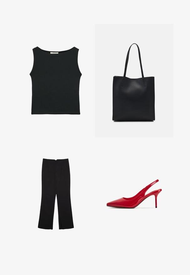 Mustat hihattomat paidat, jotka on valmistettu sileästä kankaasta. Paidassa on pyöreä kaula-aukko ja se on istuva ilman näkyviä kuvioita tai koristuksia.; Mustat housut suoralinjaisella leikkauksella, joissa on etutaskut ja sivurei'ät helman alla. Valmistettu pehmeästä ja sileästä kankaasta. Sopii eri tilaisuuksiin.; Punat nahkaa punaiset korkokengät avonaisella kantapäällä, teräväkärkiset ja kapeat korot. Muotoilu sisältää sileän pintakäsittelyn ja yksinkertaisen siluetin.; Mustapahkainen kangaskassi, jossa on sileä pinta, suorakaiteen muotoinen ja kaksi pitkää kahvaa. Ei näkyvää metalliosaa tai koristeita.