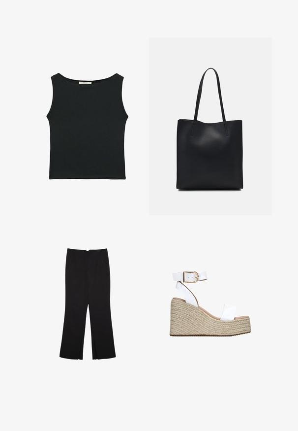 Black sleeveless top made of smooth fabric, featuring a rounded neckline and a fitted design with no visible patterns or embellishments.; Black trousers with a straight fit, featuring front pockets and side slits at the hem. Made of soft, smooth fabric. Suitable for various occasions.; White leather wedge sandal with a woven jute platform, open toe, and ankle strap featuring a gold-tone buckle and smooth texture.; Black leather tote bag with smooth texture, rectangular shape, and two long handles. No visible hardware or embellishments.