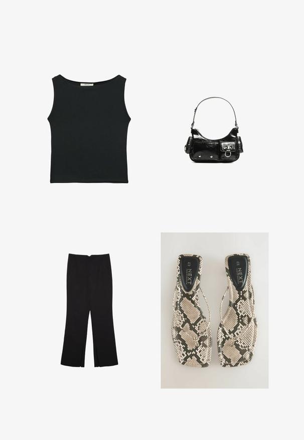 Čierny bezrukávový top vyrobený z hladkej tkaniny, s okrúhlym výstrihom a priliehavým strihom bez viditeľných vzorov alebo ozdôb.; Čierne nohavice so strihom rovného strihu, s prednými vreckami a bočnými rozparkami na leme. Vyrobené z mäkkej, hladkej tkaniny. Vhodné na rôzne príležitosti.; Ploché sandále s hadím vzorom v odtieňoch béžovej a sivej farby, s dizajnom medzi prstami a hladkým čiernym vložkom označeným "NEXT."; Čierna laková kožená kabelka s ohnutým tvarom, jedným ramenným popruhom, prednými vreckami a striebornými kovovými doplnkami.