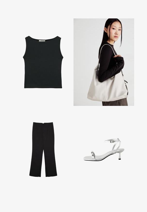 Top senza maniche nero realizzato in tessuto morbido, caratterizzato da un collo arrotondato e un design aderente senza motivi visibili o decorazioni.; Pantaloni neri a gamba dritta, con tasche frontali e spacchi laterali all'orlo. Realizzati in tessuto morbido e liscio. Adatti a diverse occasioni.; Sandalo con tacco quadrato in argento, con una sottile cinghia alla caviglia e un piccolo tacco a blocco. Superficie metallica liscia e design minimalista.; Borsa a mano beige realizzata in materiale morbido, caratterizzata da un design morbido, dettagli cuciti e due manici. Adatta per l'uso quotidiano.