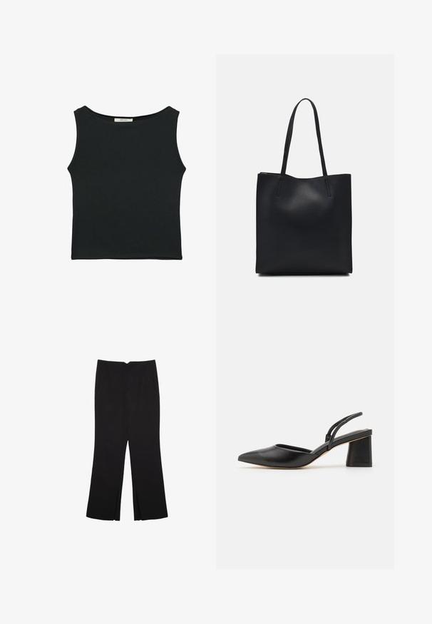 Črn brezrokavnik iz gladkega materiala, z okroglim izrezom in prilegajočim krojem, brez vidnih vzorcev ali okrasnih elementov.; Črne hlače ravnega kroja z naglavnimi žepi in stranskimi razporki na robu. Narejene iz mehke, gladke tkanine. Primerne za različne priložnosti.; Črne slingback čevlje s koničastim nosom, narejeni iz gladke usnje, s spodnjim blokom pete in tankimi trakovi na zadnji strani za varno prileganje.; Črna usnjena torba s svilnato teksturo, pravokotne oblike in dvema dolgima ročajema. Brez vidnih metalnih delov ali okrasnih elementov.