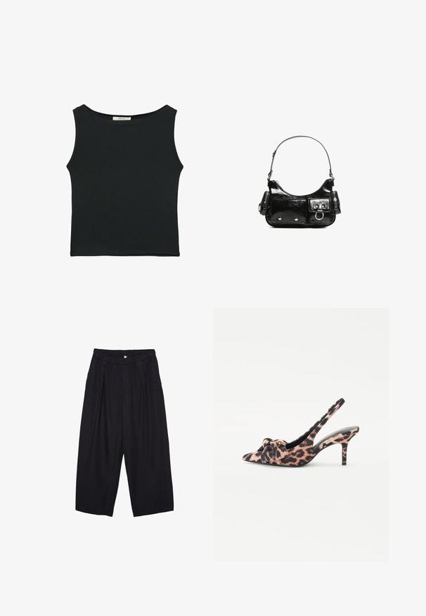 Černý top bez rukávů vyrobený z hladké látky, s kulatým výstřihem a přiléhavým střihem bez viditelných vzorů nebo ozdob.; Černé polyesterové culotte kalhoty s elastickým pasem, dvěma předními sklady a volným siluetou. Žádné viditelné vzory ani kovové detaily.; Lodičky s potiskem leopardí kůže, s špičatou špičkou, mašlí na přední části a štíhlým vysokým podpatkem, vyrobené z měkkého textilního materiálu.; Černá lakovaná kožená kabelka s křivkovým tvarem, jedním ramenním popruhem, předními kapsami a stříbrnými kovovými detaily.